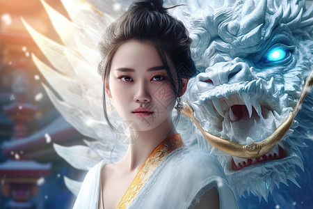 3D白色中国龙和美丽女孩图片