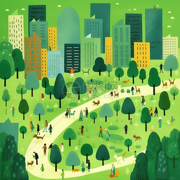卡通几何绿色步行城市道路公园插画图片下载-正版图片402483930-摄图网