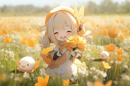 抱着花很开心快乐女孩图片