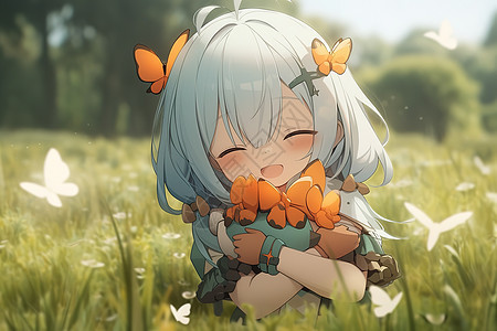 草丛里抱着花很开心快乐女孩图片