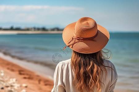 戴着帽子的女人看海滩图片