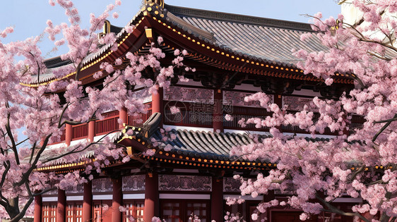 桃花树中的宫殿图片