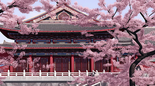 桃花树中的中式宫殿图片