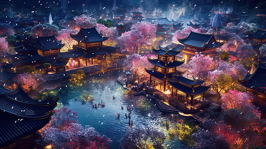 樱花与中式建筑夜景图片