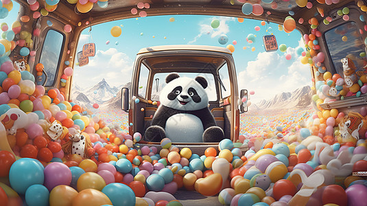 可爱的熊猫坐在都是气球的车里图片