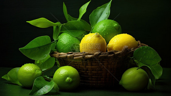 在竹筐里的新鲜柠檬实拍图片