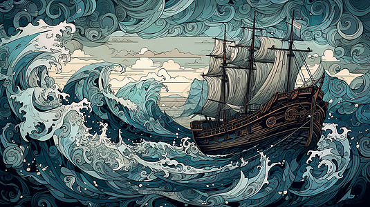 木船颠簸在巨浪上插画