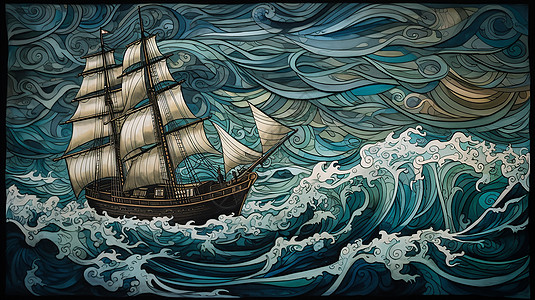 木船颠簸在巨浪上插画