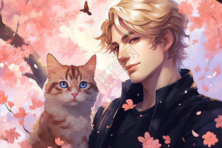 樱花树下抱着黑猫的帅气男子背景图片