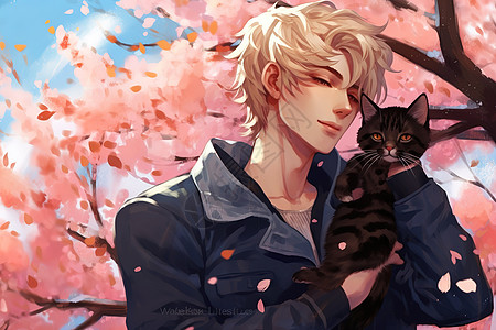 动漫樱花樱花树下帅气男子抱着黑猫插画