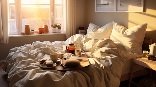 白色慵懒的大床托盘上放着美食茶具图片