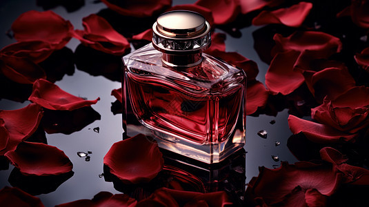 透明玻璃香水瓶在红色玫瑰花瓣中图片