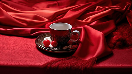 红色绸布旁边的杯子高清图片