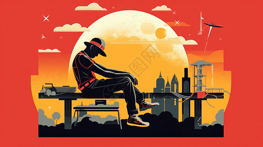 坐在夕阳下戴帽子的人与工业城市扁平插画图片
