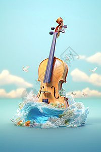 小提琴在浪花中背景图片