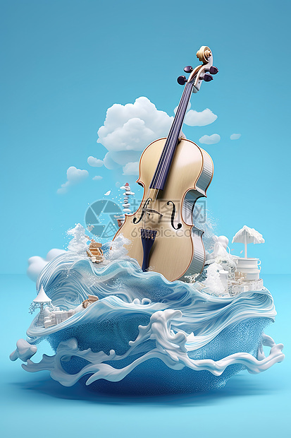 小提琴在海上的波浪上图片