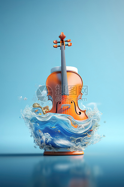 小提琴在碗装中的海浪中图片