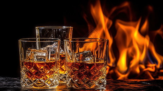火堆前桌上的威士忌酒杯图片