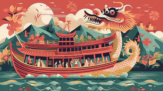 龙舟在水面上山水间行驶复古端午节平面海报数字艺术图片