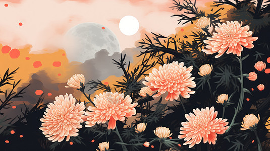 中秋复古菊花与月亮平面复古风图片