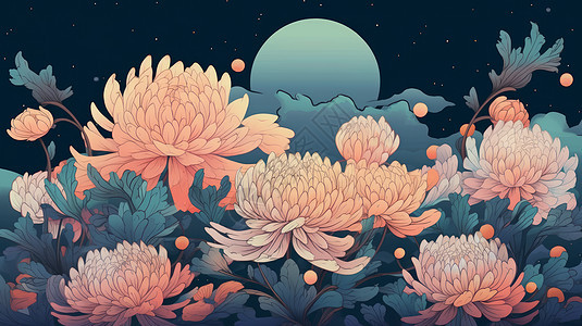 夜晚粉色的菊花与月亮平面复古插画图片
