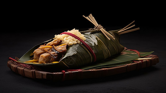 在编织竹盘子上的传统端午节食物鲜肉粽子图片