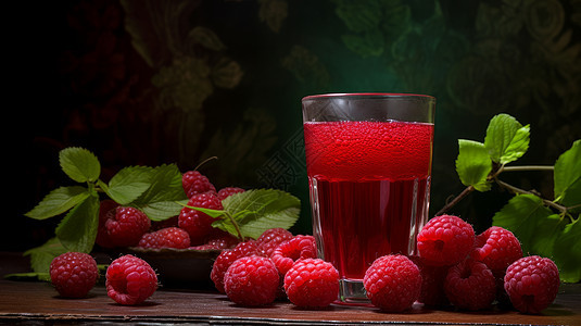 新鲜的覆盆子果实在桌子上透明杯子装满红色果汁图片