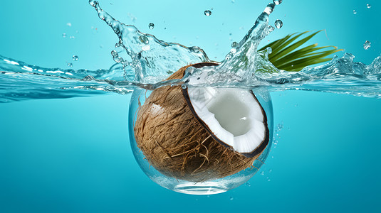 新鲜的棕色椰子掉入水中图片