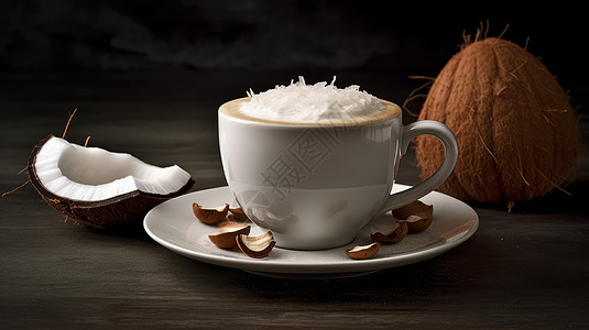 优雅白色的咖啡杯中装满椰蓉咖啡数字艺术图片