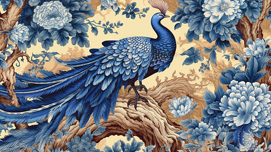 华丽的蓝色孔雀与牡丹花平面中国风图片
