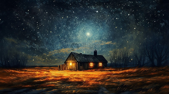 梦幻夜晚的星空下草地上一座美丽的小房子图片