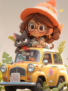 戴帽子的女孩开着车带着小猫旅行图片