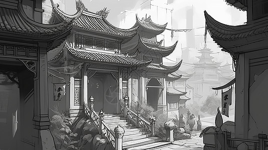中式黑白古建筑绘画背景图片