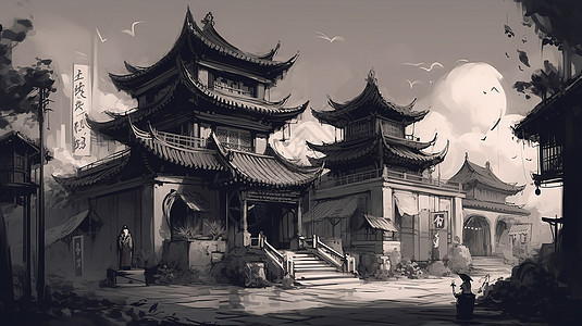 中式黑白古建筑绘画图片