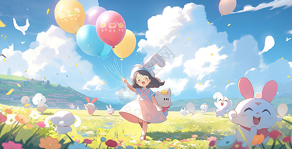小女孩拿着气球在草场背景图片