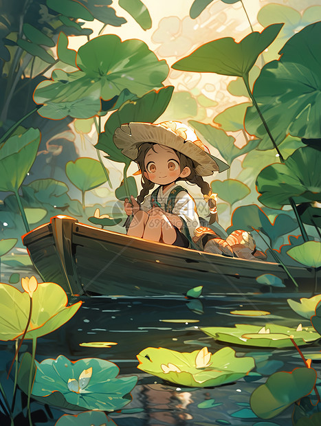 可爱的少女在荷花池里的小船上图片
