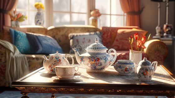 客厅茶几上放着漂亮的蓝红花复古陶瓷茶具图片