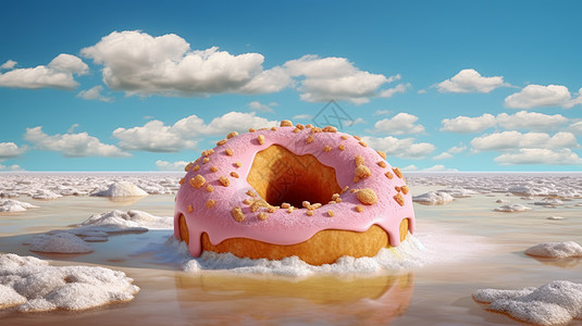 蓝天白云下粉色甜甜圈小岛图片