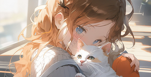 阳光下的小女孩跟小猫图片