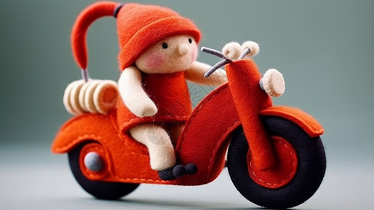 戴红色帽子的卡通人物骑摩托车羊毛毡手工图片