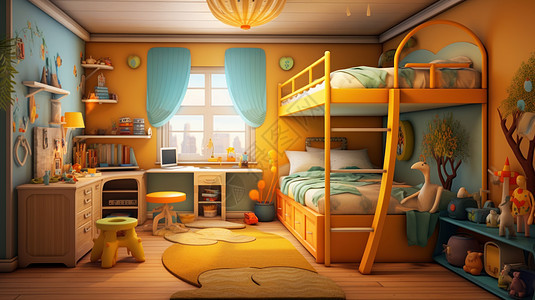 黄色主题立体卡通温馨的卧室图片