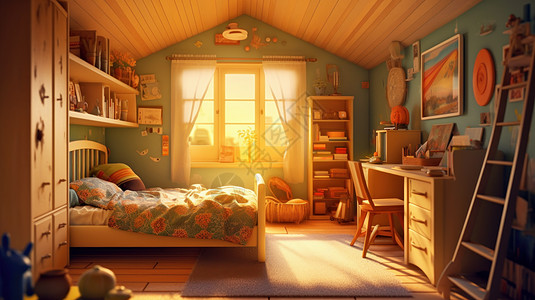 阳光照进有大床的温馨卧室图片