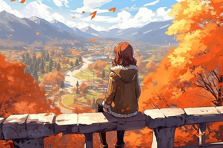 秋天落叶动漫少女背景背景图片