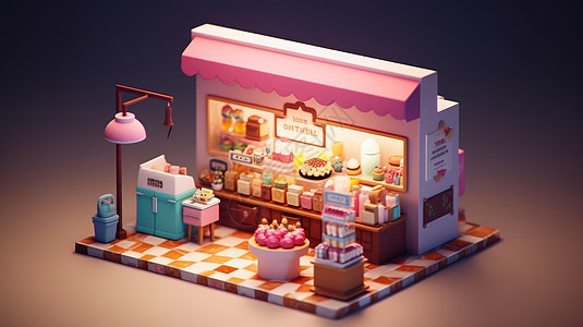 立体卡通粉色小商店背景图片