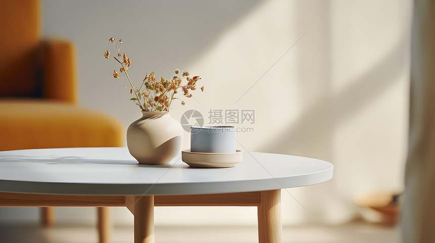 放在客厅木桌上简约的白色花瓶与干花图片