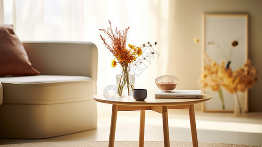 客厅木桌上简约的花瓶与干花图片