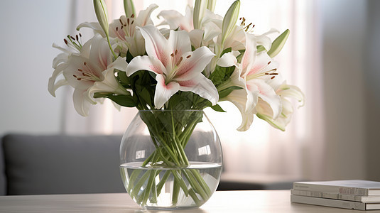 优雅的百合花放在透明玻璃花瓶中在客厅图片