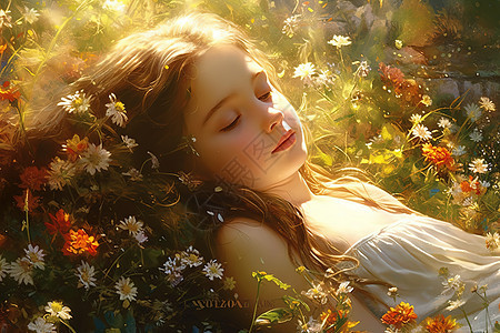可爱小女孩躺在鲜花盛开草地图片