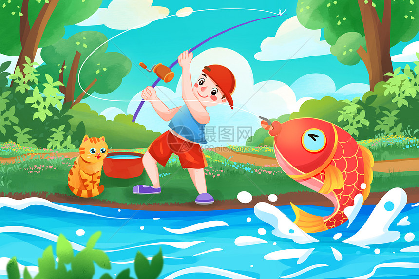 夏天夏至钓大鱼的男孩插画图片