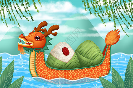 端午节龙舟上的粽子插画图片